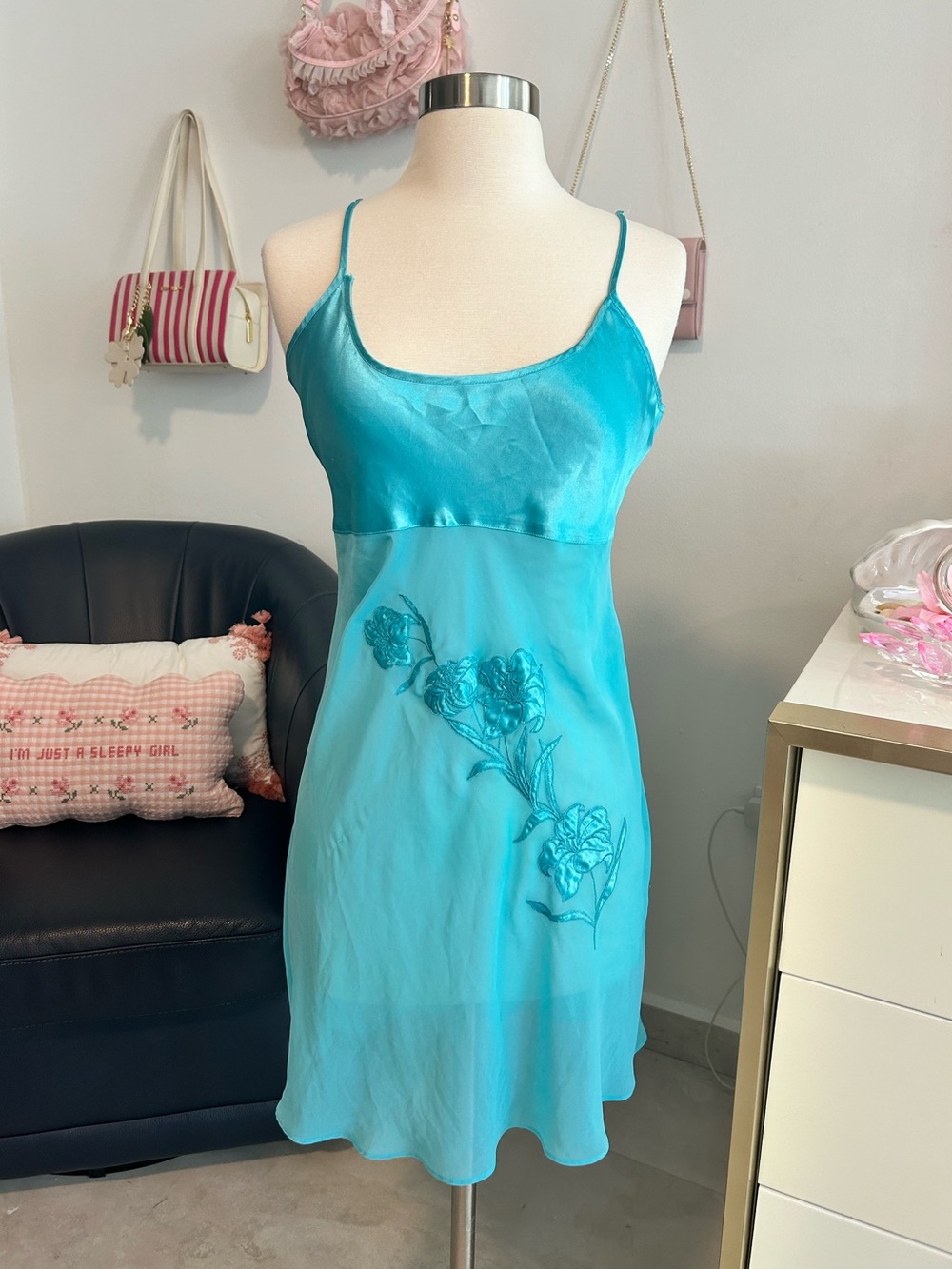 Vintage Y2K Fairy Women’s Turquoise Slip Dress with Floral Embroidery